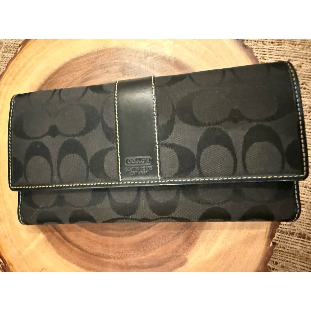 Coach Signature Stripe Continental Logo Wallet Black  Canvas Leather W Checkbook